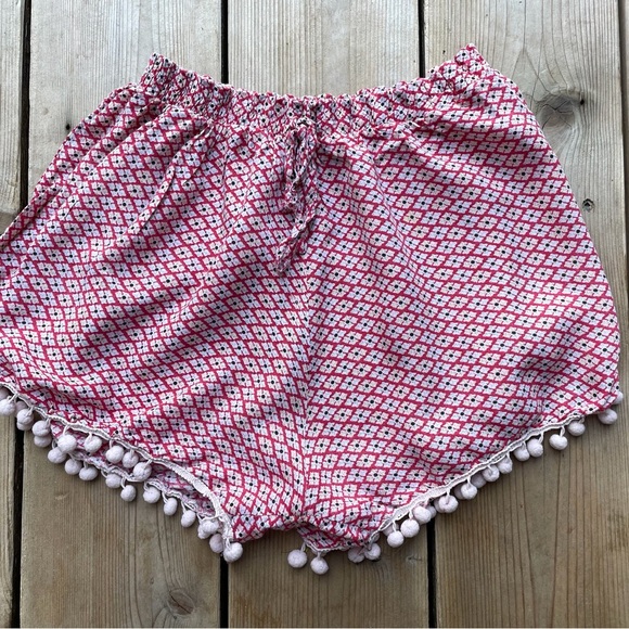 Pants - Pink Patterned Women's Shorts with Pom-Pom Trim